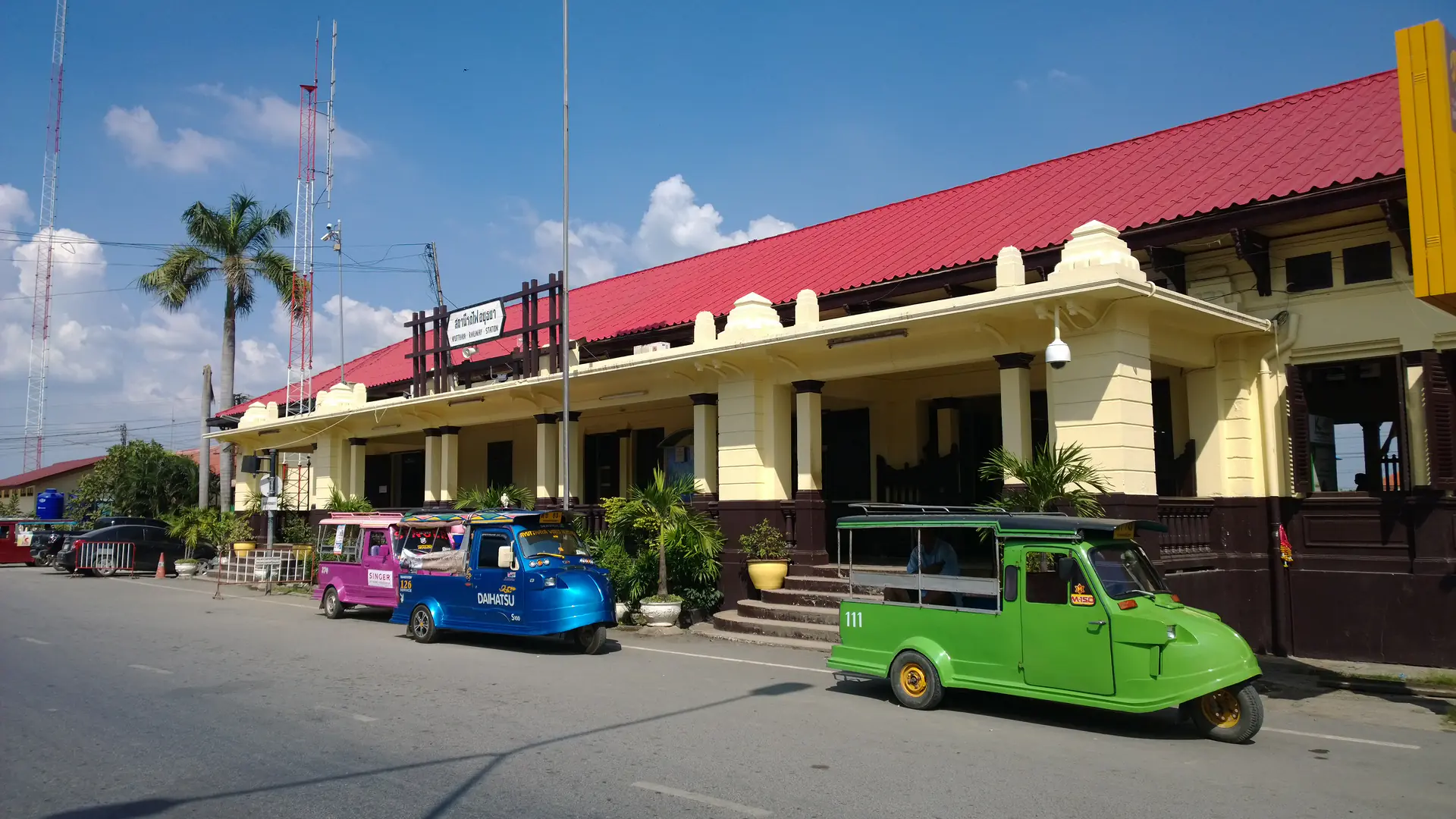 Historic Ayutthaya railway station building with traditional Thai architecture, starting point for bicycle tours