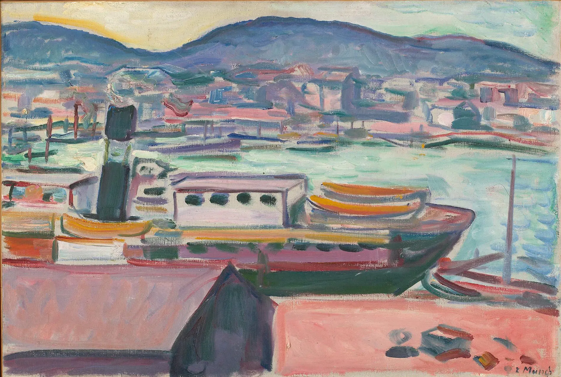 Pintura al óleo de Edvard Munch representando el puerto de Bergen con el paseo marítimo de Bryggen, barcos y el histórico muelle comercial en estilo expresionista