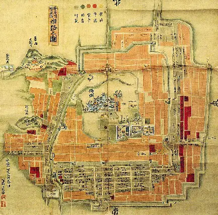 Antique Japanese map showing the layout of Himeji Castle complex with its defensive walls, gates, and tower positions